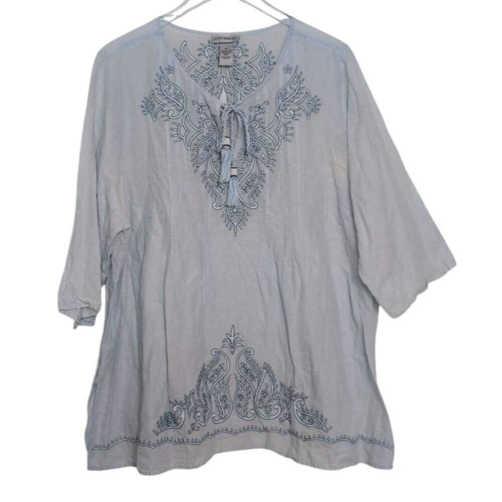 Catherines Embroidered Floral Shirt Womens Size 2X Blue Tassels 3/4 Sleeves Boho
